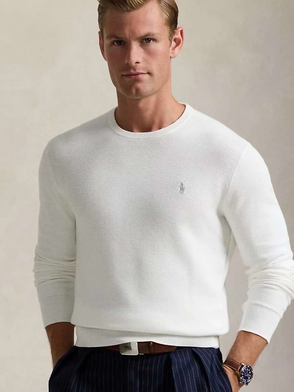 Polo by Ralph Lauren White Mesh-Knit Cotton Crewneck Sweater XS Men